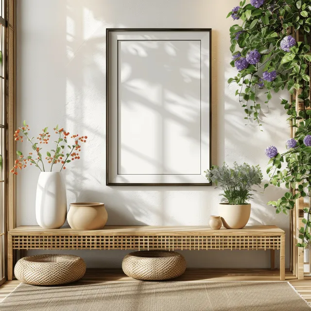 Blank black-framed poster mockup on a wall above a wooden console table with plants and vases.