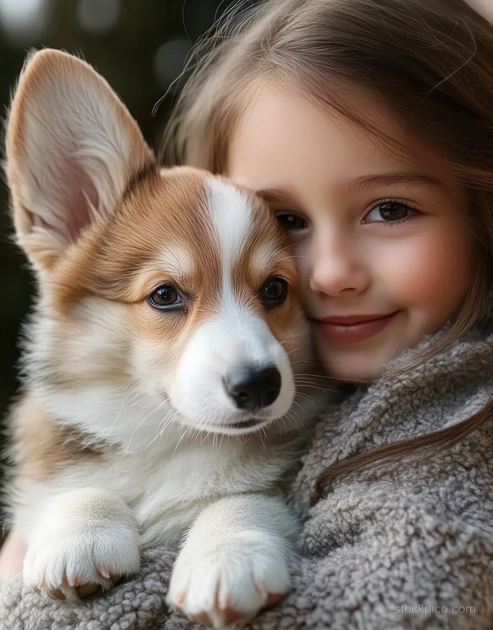 A smiling young girl hugs a fluffy brown-and-white puppy close to her face in a cozy close-up.