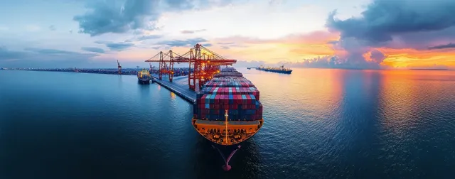 Large container ship docked at port during vibrant sunset with cranes and stacked containers