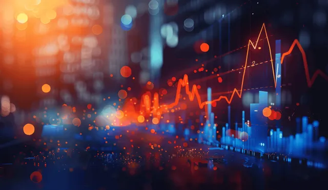An upward stock chart and arrow overlay glow over a blurred market finance data background with bokeh lights.