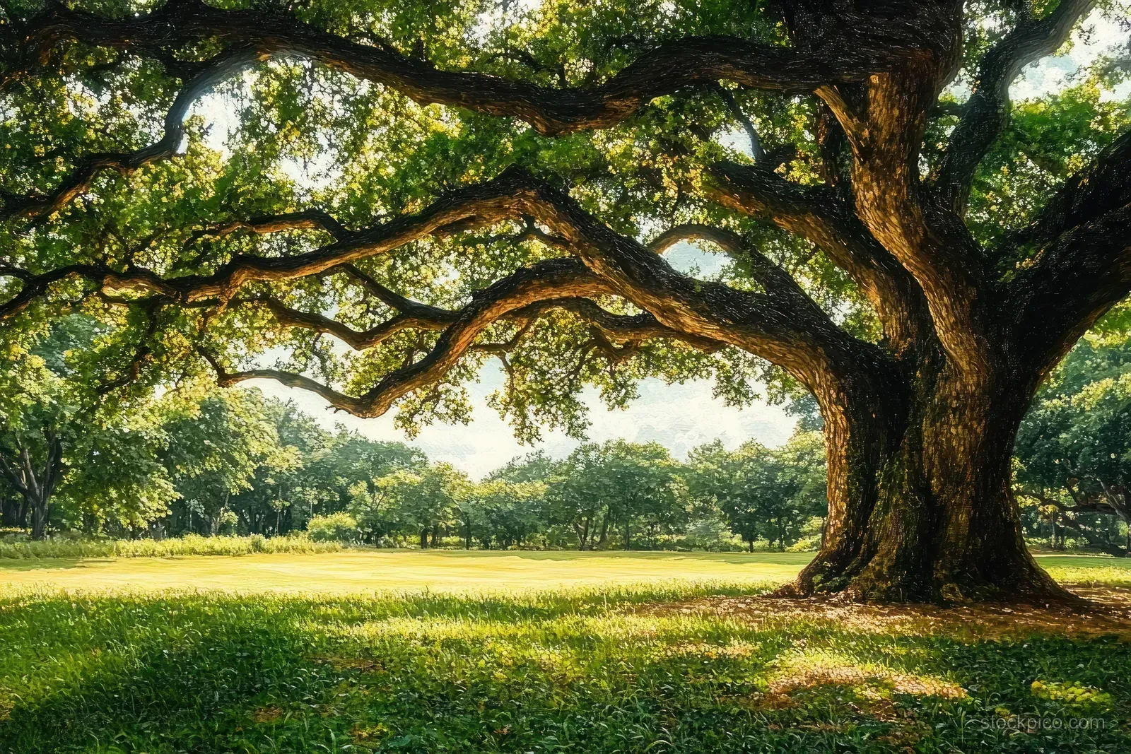 An old sprawling tree spreads branches over a sunlit green grass field with leaf shadows on the ground.