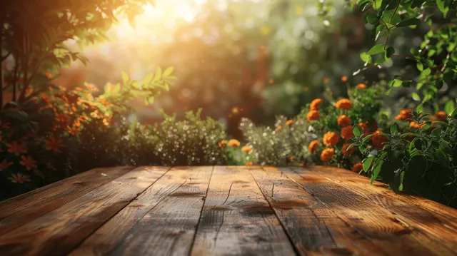 Rustic wooden tabletop in golden garden light with blurred green leaves and orange flowers in the background.
