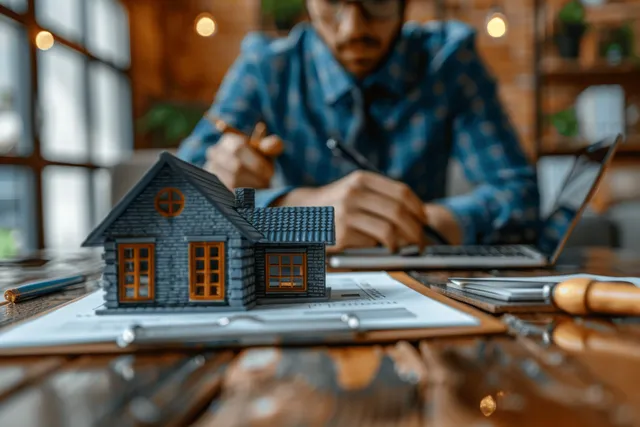 House model on an office desk while a blurred man signs a real estate contract in the background.