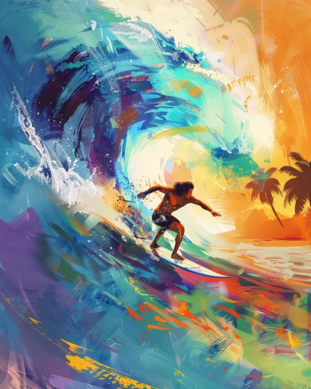 Surfer carving a powerful ocean wave at sunset, neon brushstroke splash and palm silhouettes