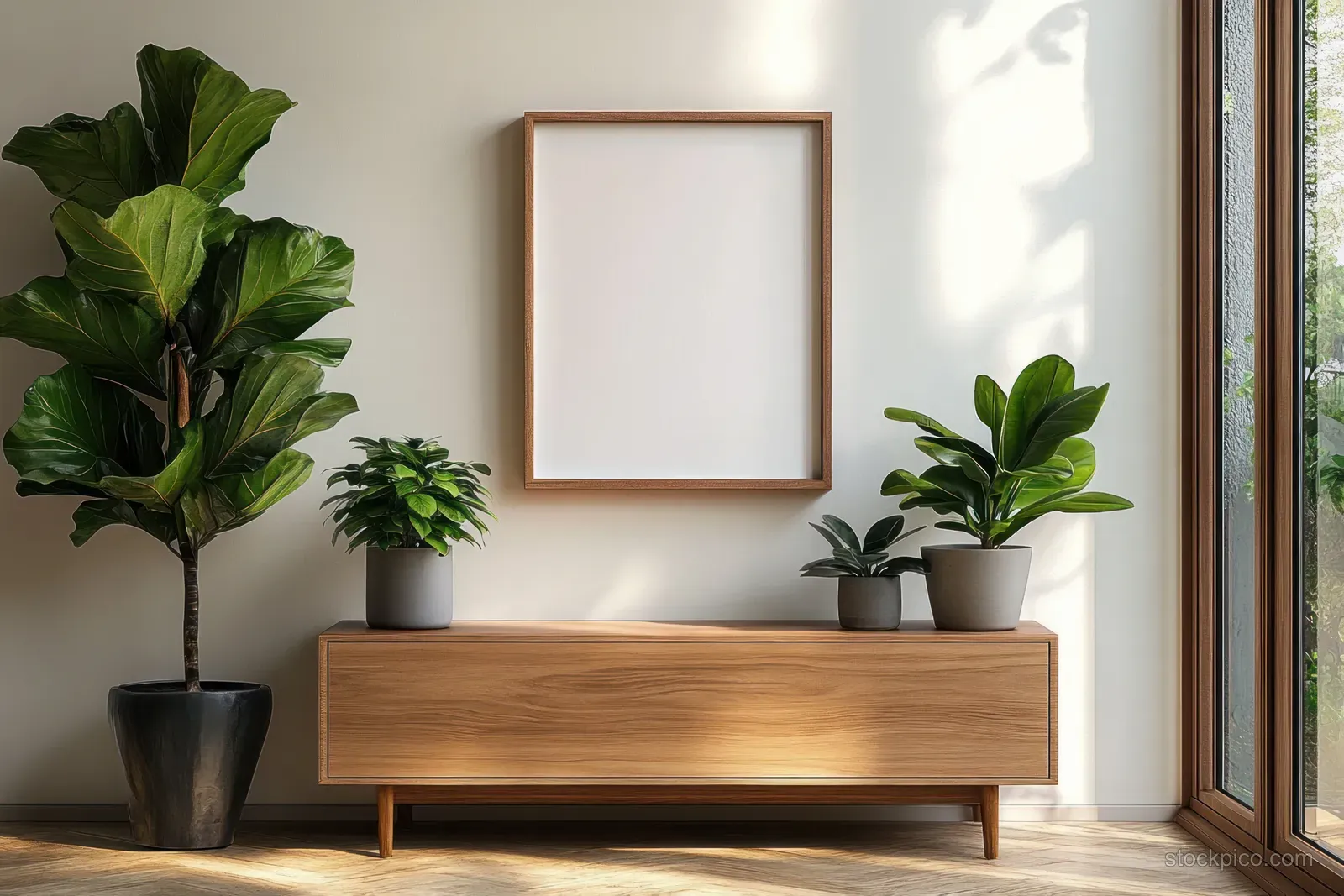 Wooden sideboard beneath an empty picture frame with potted plants beside it against a white wall.