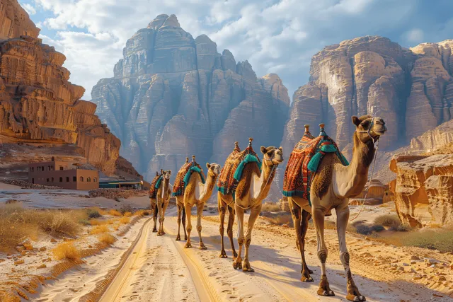 Colorfully dressed camels follow a sandy path through Al Ula with towering rock cliffs in the background.