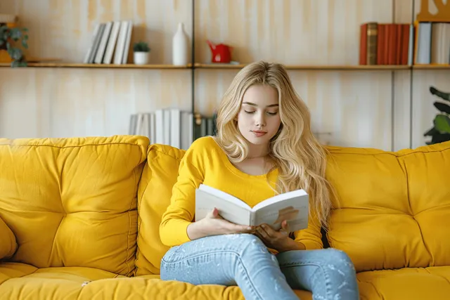 A blonde girl reads a book while sitting on a yellow sofa in a bright living room.