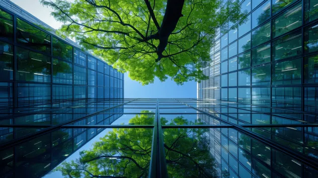 A modern glass office building surrounded by greenery showcases sustainable design and eco-friendly architecture in an urban setting.