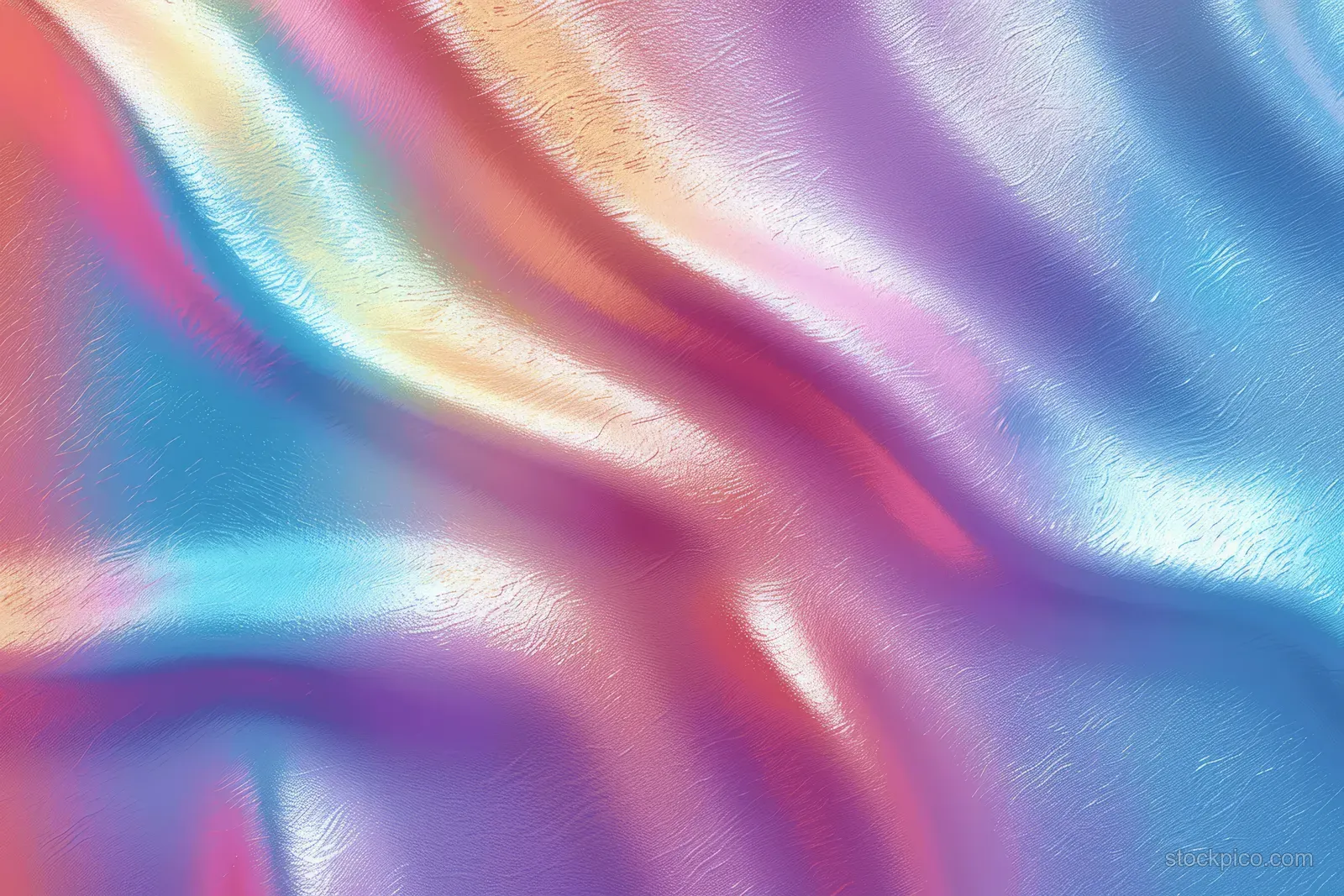 Iridescent holographic foil surface with a rainbow gradient and rippling metallic highlights in blue and pink.
