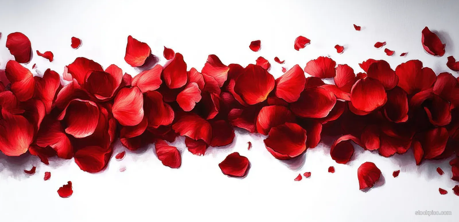 Vibrant red rose petals scattered in a swirling band across a white background.