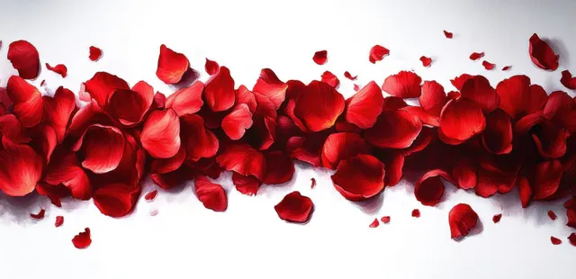 Vibrant red rose petals scattered in a swirling line across a clean white background