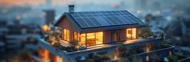 Warm-lit house at dusk with rooftop solar panels and a glowing battery storage unit under the roofline.
