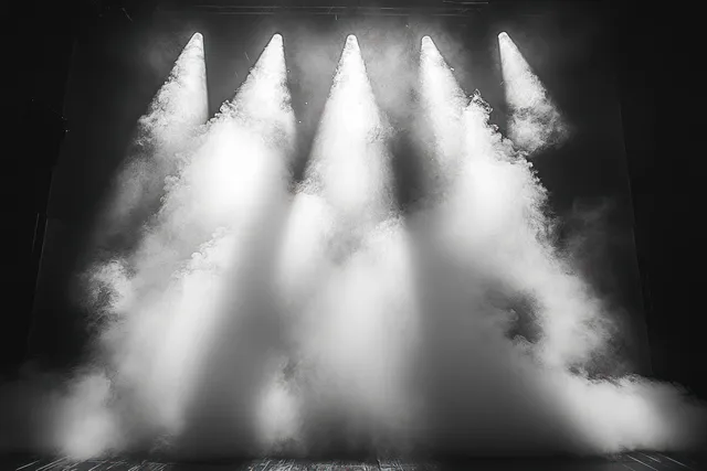 Bright stage spotlights beam through thick smoke in a dark theater venue