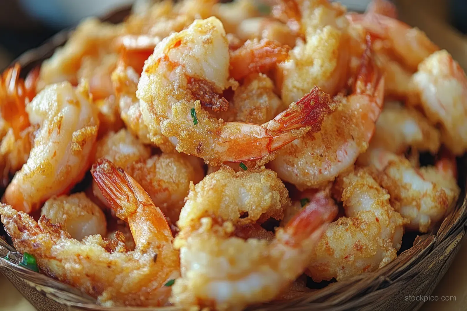Close-up of crispy fried shrimp piled in a rustic basket under warm natural light.