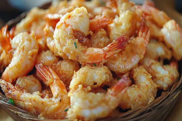 Close-up of crispy fried shrimp piled in a rustic basket under warm natural light.