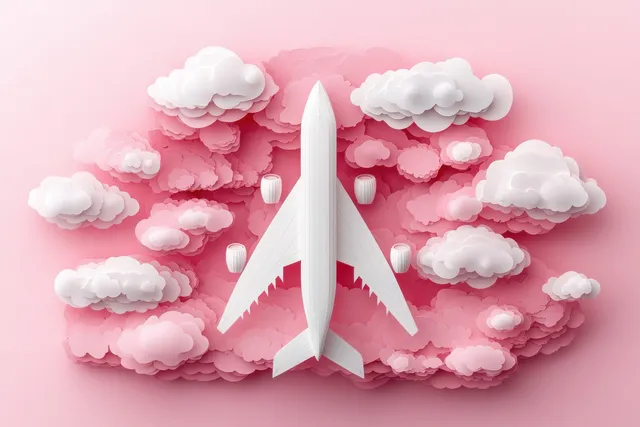A white paper-cut airplane flies above fluffy clouds on a soft pink pastel background.