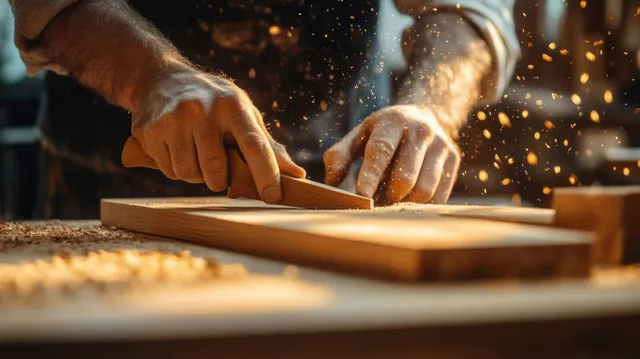 Gloved hands guide a chisel to shape a wooden board while wood shavings fly in warm workshop light.