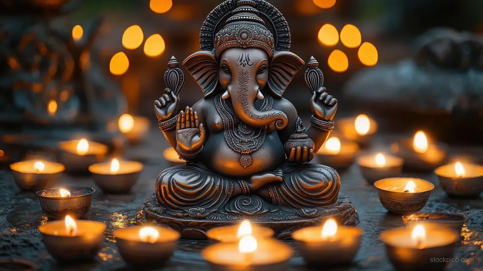 An elephant-headed Ganesha statue sits with folded hands while many small oil lamps glow around it.
