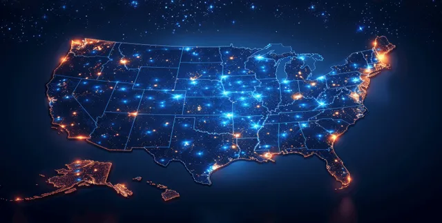 A dark digital map of the United States with glowing blue lines connecting states and bright city points.