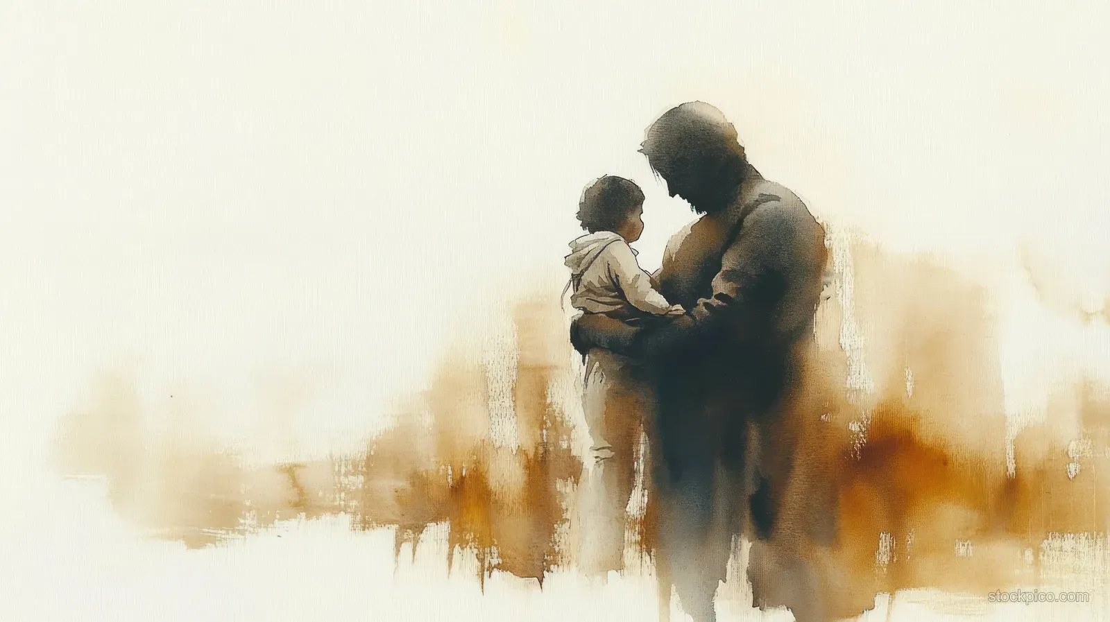 Watercolor Jesus embraces a child as misty earth-tone paint blooms around them.