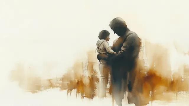 Watercolor Jesus embracing a child at dawn with soft diffused paint blooms
