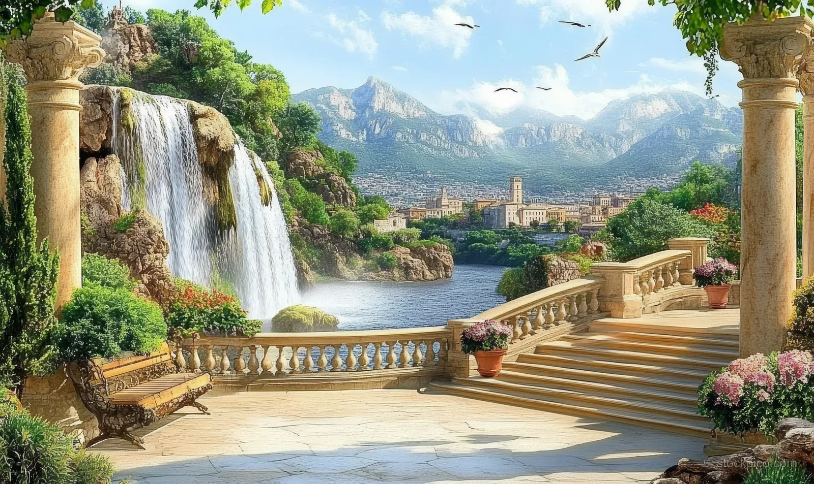 A stone terrace with flowering planters overlooks a cascading mountain waterfall into a lake and distant castle rooftops.