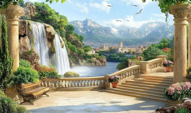 A stone terrace with flowering planters overlooks a cascading mountain waterfall into a lake and distant castle rooftops.