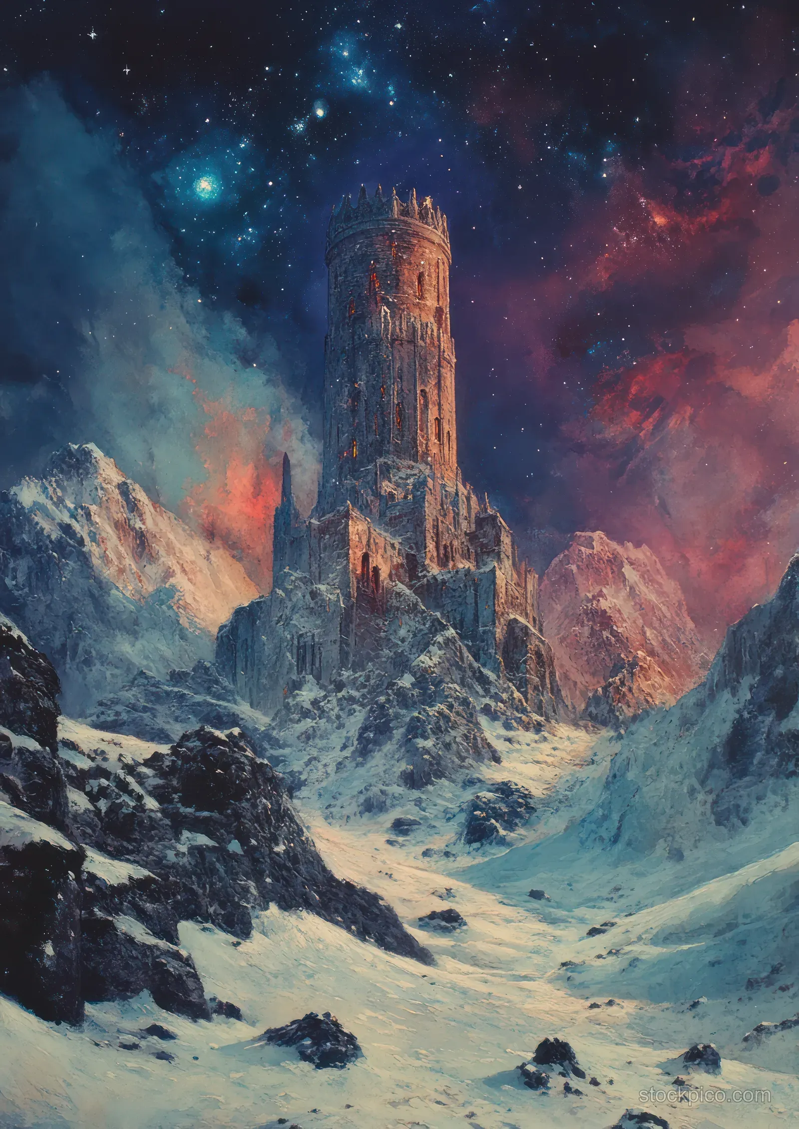 A tall stone tower stands on snowy mountains beneath a colorful starry night sky.