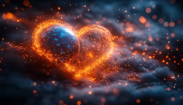 Nuvem brilhante em forma de coração de partículas de dados paira sobre um fundo de rede escura com luzes bokeh.