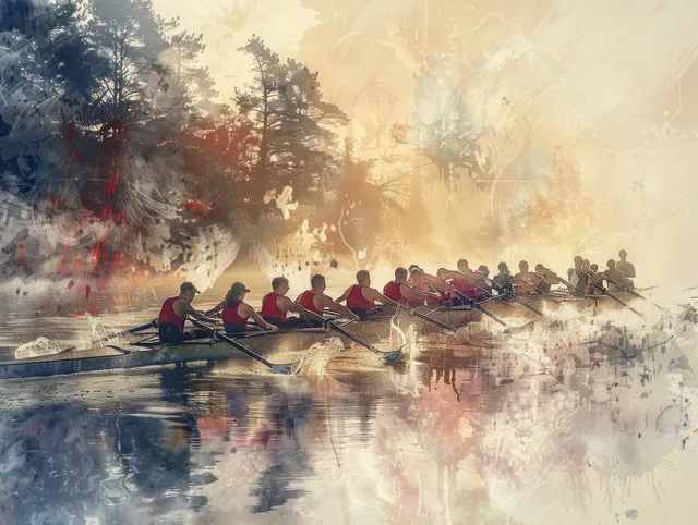 Rowing eight crew powers forward on a misty river at dawn, synchronized oars
