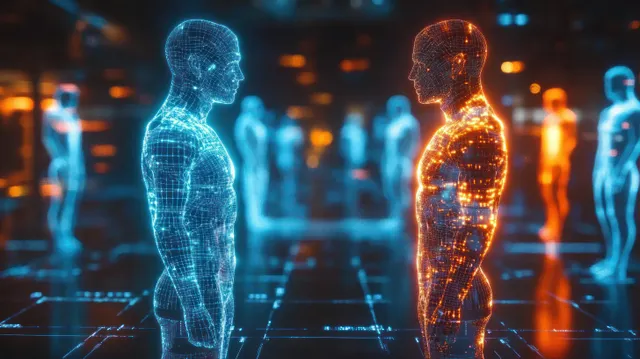 Two glowing humanoid wireframe figures facing each other in neon tech grid environment