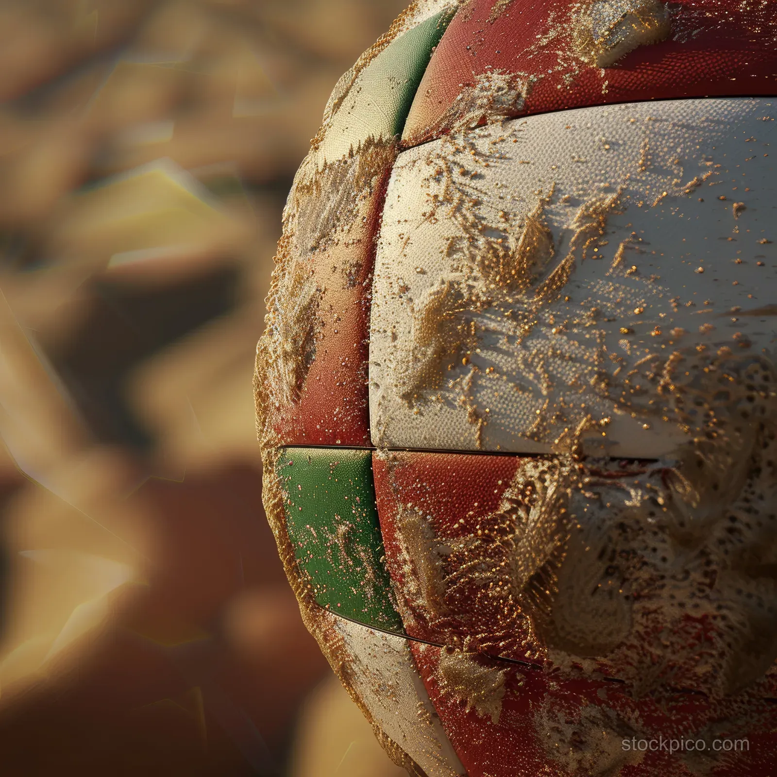 A sand-covered beach volleyball with Italian flag colors against a blurred sandy background.