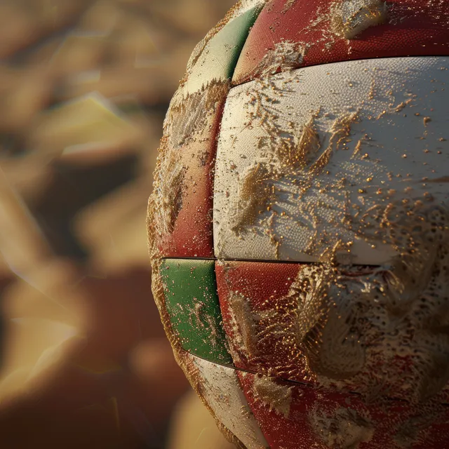 A sand-covered beach volleyball with Italian flag colors against a blurred sandy background.
