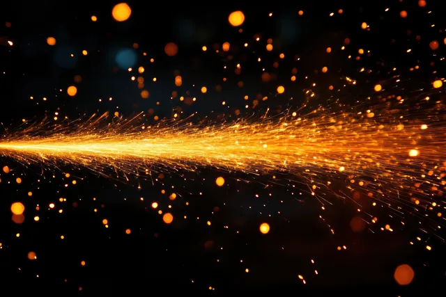 Glowing orange sparks arc across a black background, creating a curved streak with floating particles.