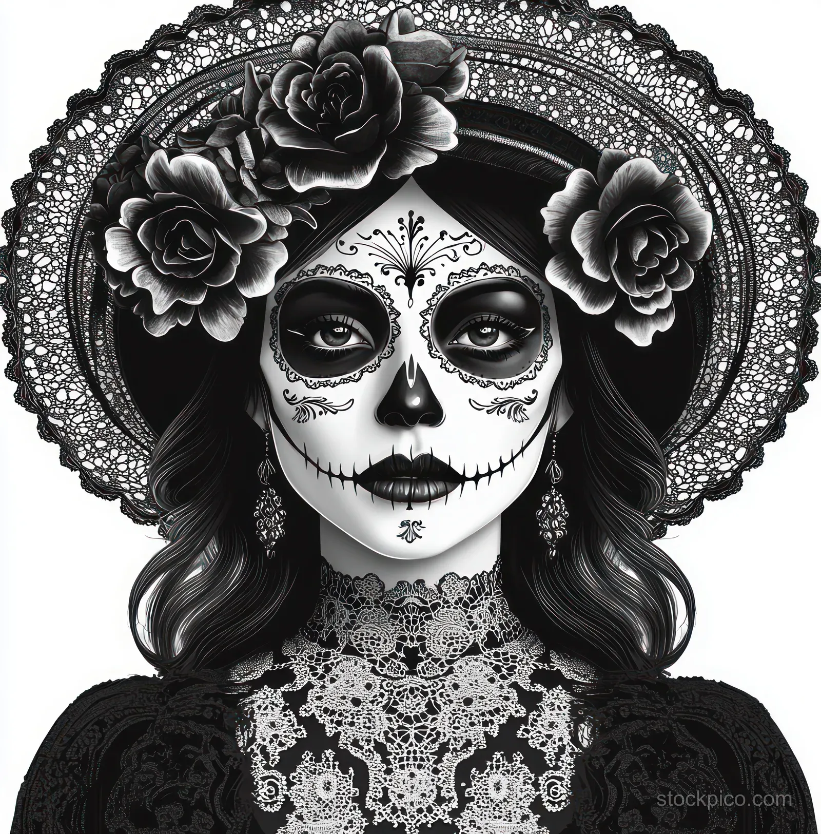 Grayscale portrait of a woman wearing lace dress, rose-adorned wide hat, and sugar skull face paint.