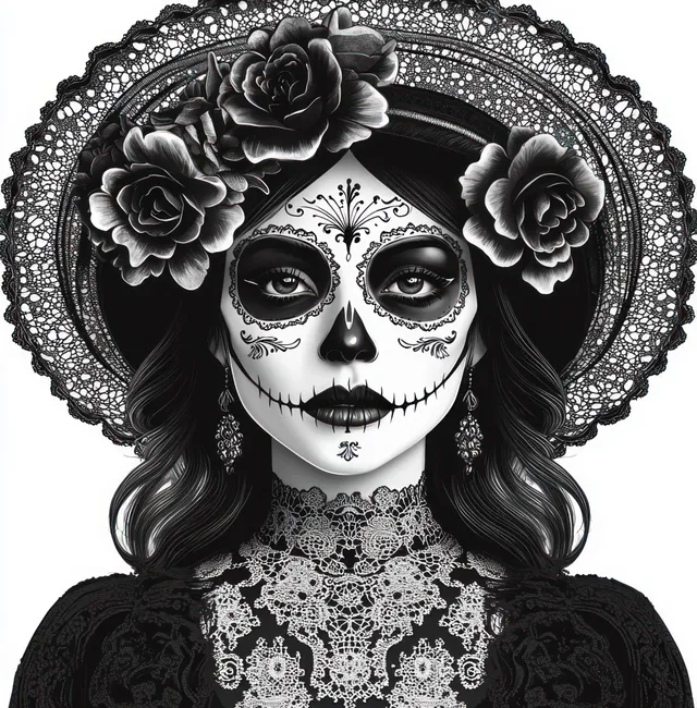 Grayscale portrait of a woman wearing lace dress, rose-adorned wide hat, and sugar skull face paint.
