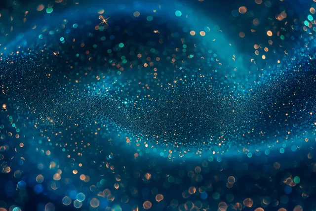Blue green glitter star particles swirling across dreamy night sky texture backdrop