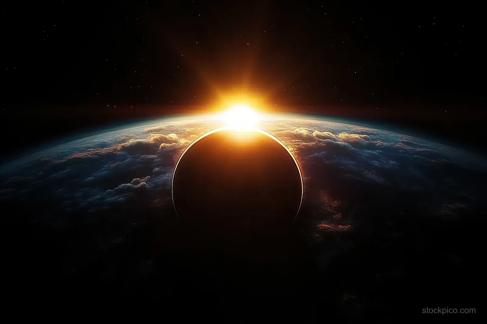 A dark planet blocks the sun above Earth’s clouded horizon with stars in the background.