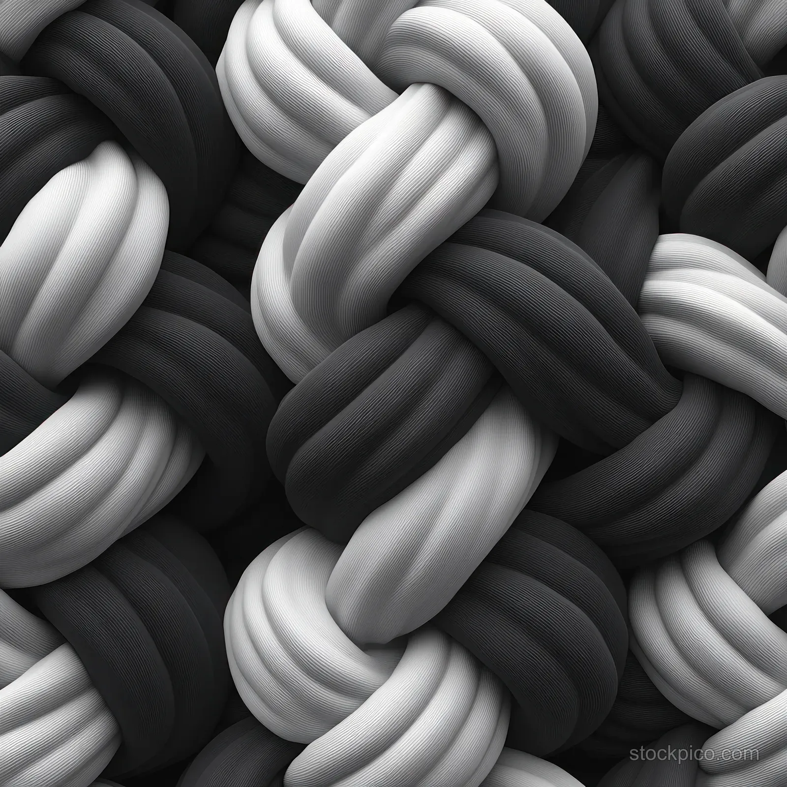 Seamless monochrome pattern of intertwined rope knots forming geometric repeating loops with soft shadows.