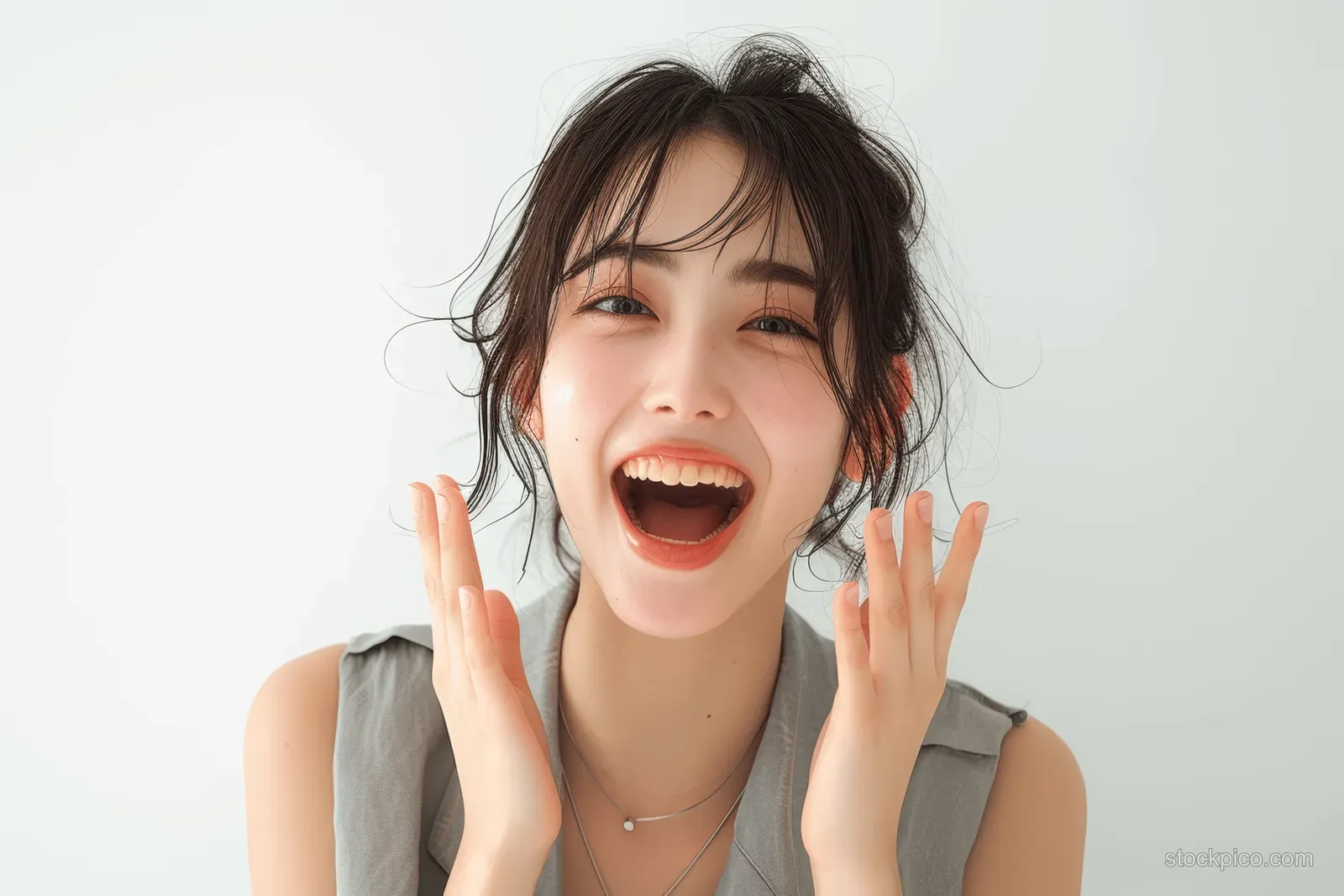 Japanese businesswoman cheering with raised hands and open-mouth smile on a plain white background.