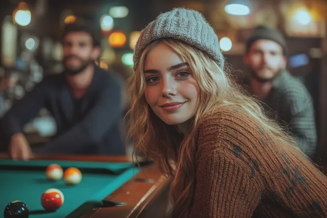 Female pool player aiming a white ball while friends watch in a vintage bar