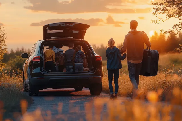 Family loads luggage into an open car trunk as they walk on a sunset countryside road