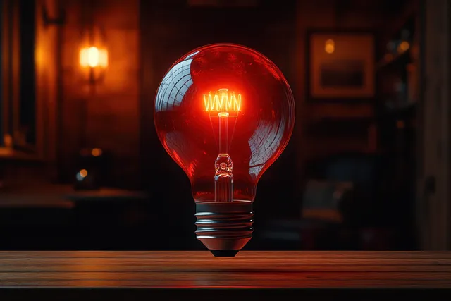 Glowing red light bulb on wooden table with warm office bokeh behind