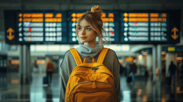 A young traveler with a yellow backpack looks at an airport flight information board.