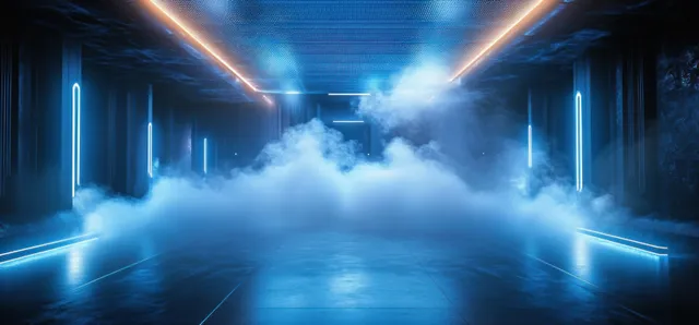 A symmetric concrete corridor glows with blue neon tubes while thick smoke fills the center toward a distant platform.
