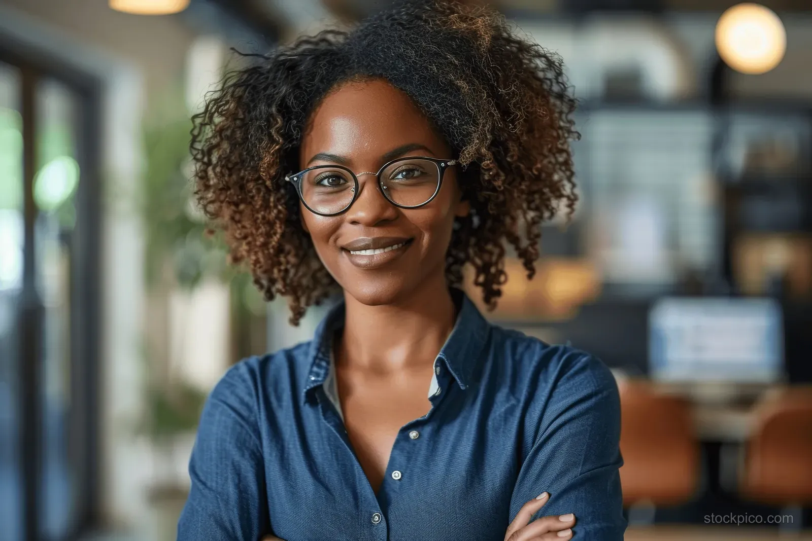 Smiling businesswoman with curly hair and glasses stands with arms crossed in an office.