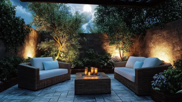 Two cushioned wicker sofas and a lantern-lit wicker table on a stone patio under full moonlight.