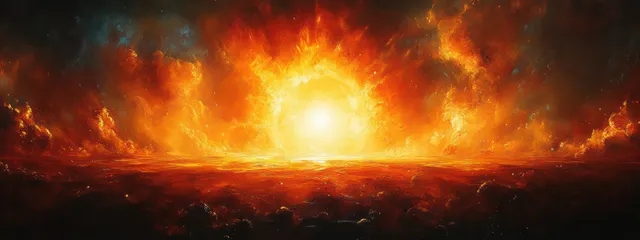Fiery clouds surround a glowing sunburst, with radiant orange light rays spreading across the horizon.