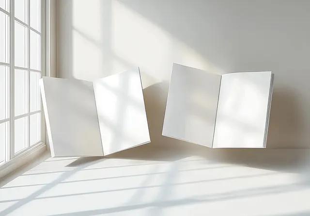 Minimalist 4-fold brochure mockup displayed in a Scandinavian-style interior with neutral tones and natural light.