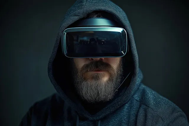 Bearded man in a hooded sweatshirt wearing a VR headset in a dark room.